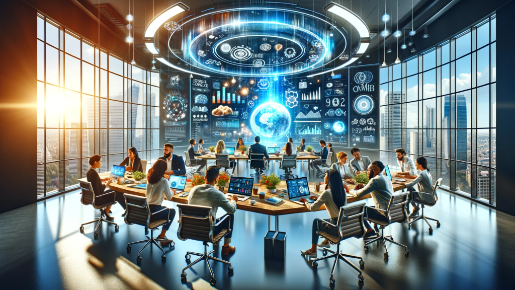 A dynamic depiction of a digital marketing office in a panoramic view. The scene includes a diverse team of professionals collaboratively working in a