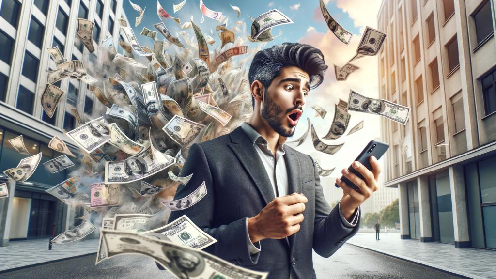 DALL·E 2023-12-22 12.23.02 - A panoramic image showing a man with a smartphone in hand, with a multitude of banknotes in the background. The scene features a Hispanic man in a mod
